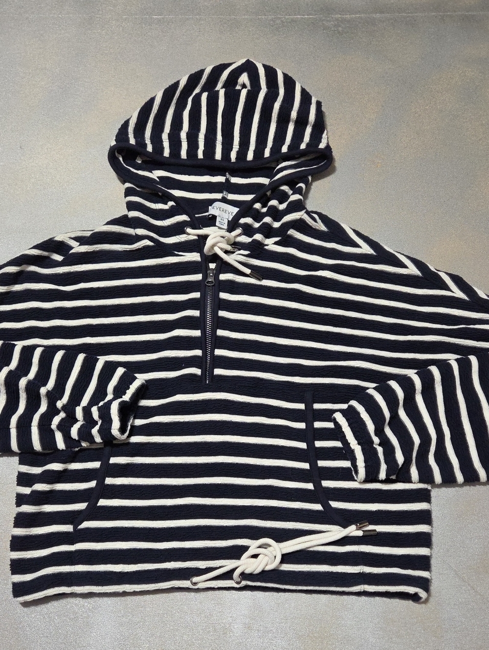 Evereve Navy & White Striped Half-Zip Hooded Pullover Total Bpat Vibes Nwots.